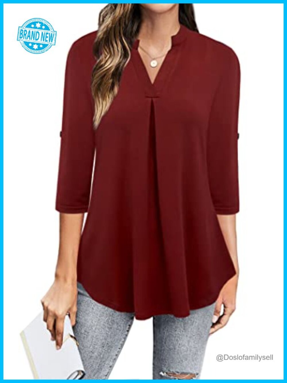Womens 3/4 Sleeve V-Neck Chiffon Blouse Dressy Casual Work Top
